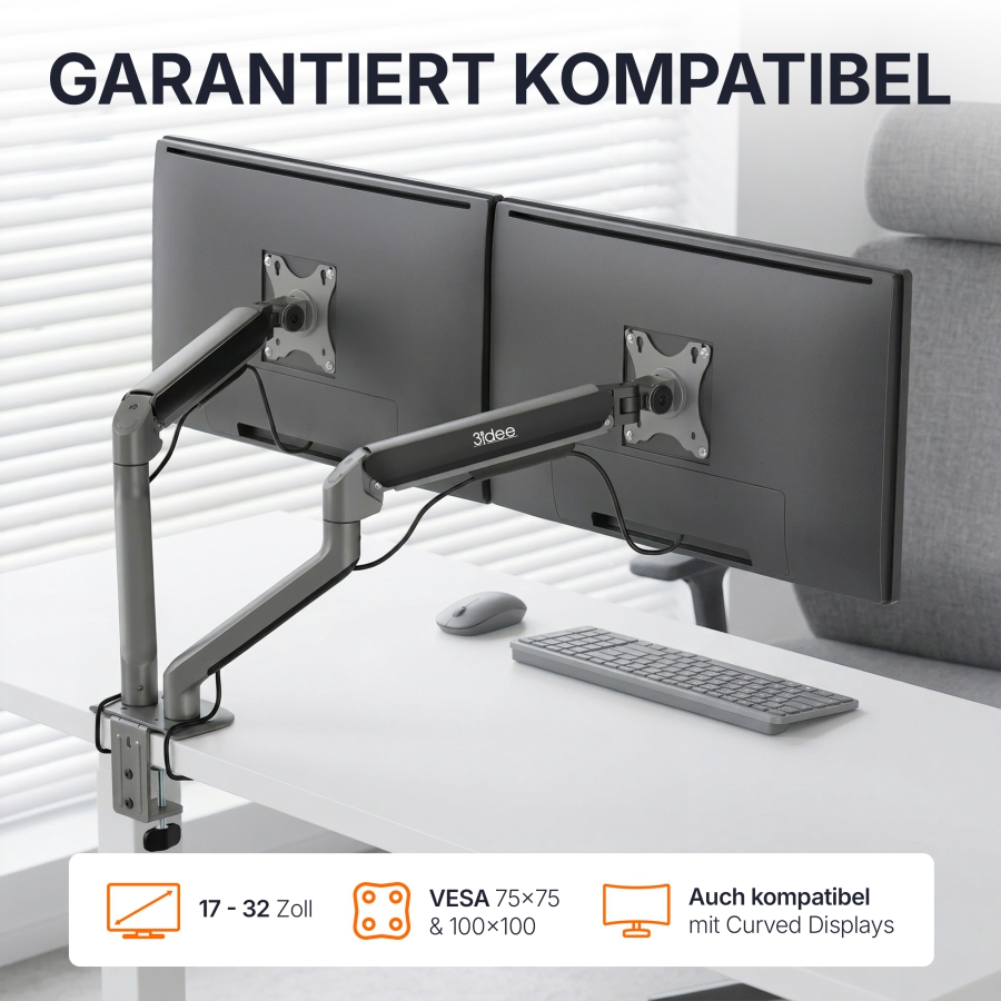 3IDEE Flexi-Lite Dual Monitorarm - 2 Monitore - [17-32" / bis 9kg pro Arm] - stufenlos Höhenverstellbar